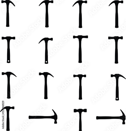 A comprehensive vector illustration set of claw hammers and various striking tools, ideal for construction, DIY, and handyman design projects. Essential toolkit.