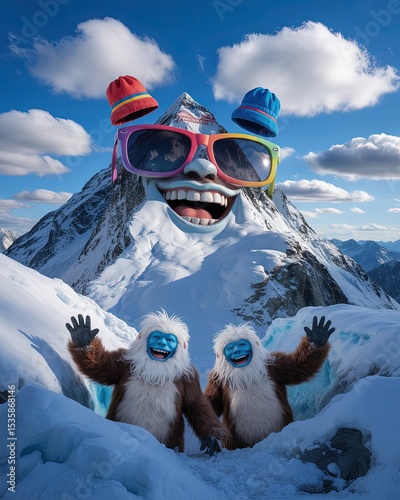 Whimsical Fantasy Mountain Wearing Sunglasses with Friendly Yetis in Snowy Alpine Landscape