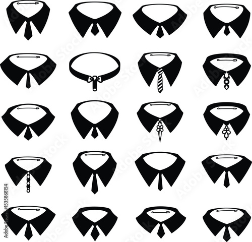 A versatile vector illustration set showcasing diverse collar pins and brooches with various designs, ideal for fashion and accessory projects. Trendy and stylish.