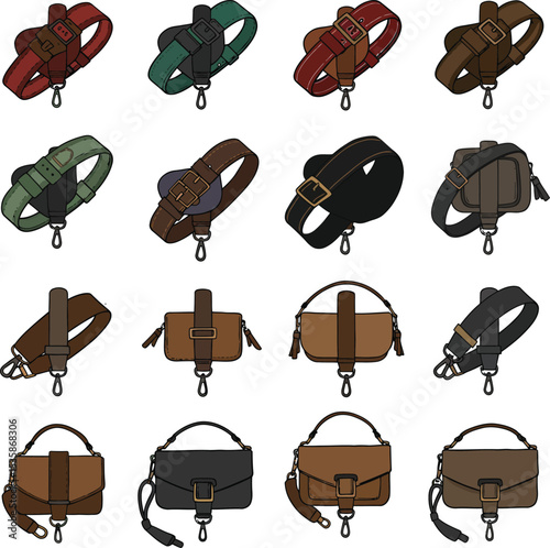 A diverse vector illustration set of stylish bag straps with various patterns and materials, perfect for fashion and accessory designs. Versatile collection.