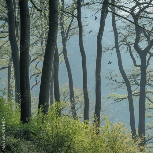 Serene Misty Forest Scene with Birds Flying Among Graceful Trees and Lush Green Foliage