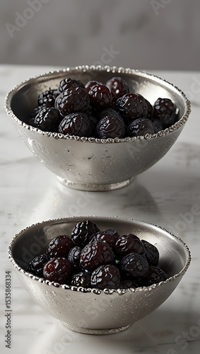 A silver bowl of dark raisins illuminated by warm ambient light