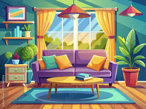 vector of Cold living room with bright comfortable sofa, wooden table and no time or time...