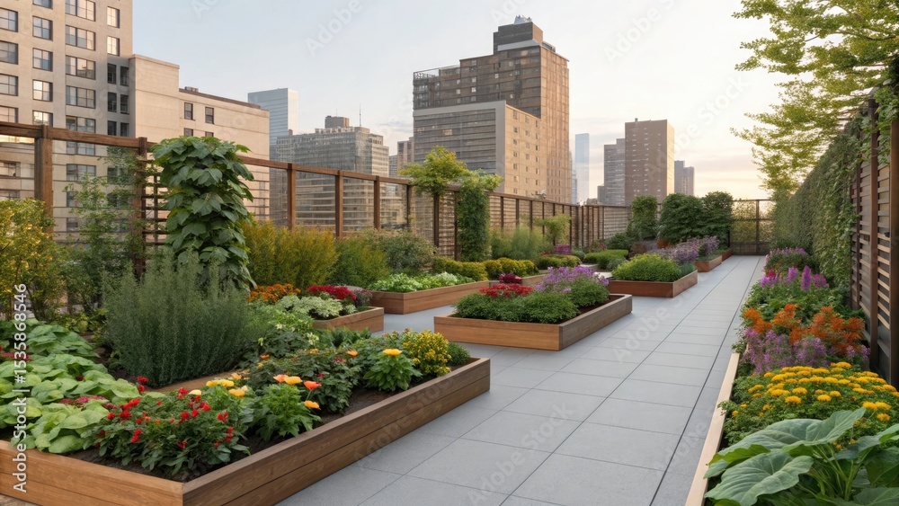 Fototapeta premium Rooftop garden urban oasis cityscape view