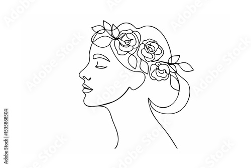 Serene woman profile continuous line art floral crown roses