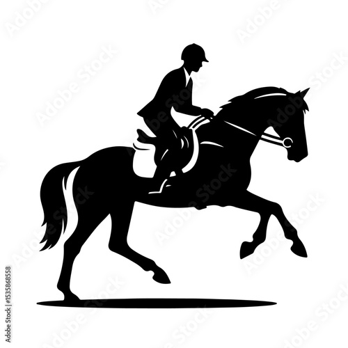 Show Jumping Silhouette Icon – Black Vector Horse and Rider Leaping Over Obstacle on White Background