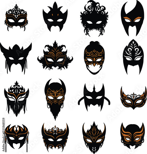 Vibrant ornate carnival and masquerade masks vector illustration set, perfect for party, costume, mystery, and elegant event designs. Isolated fantasy Venetian face covers.