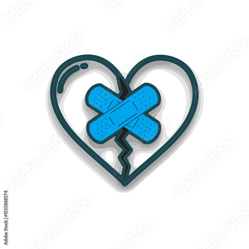 Icon, symbol of emotional healing with bandages over a broken heart  
