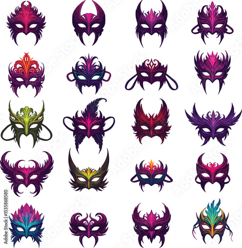 Vibrant ornate carnival and masquerade masks vector illustration set, perfect for party, costume, mystery, and elegant event designs. Isolated fantasy Venetian face covers.