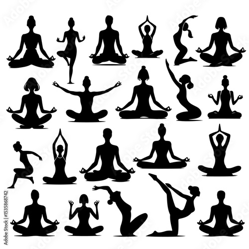 Yoga Pose Silhouettes – Set of 30 Black Figures in Various Meditation and Stretching Positions