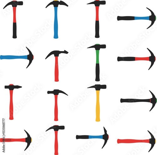 Vector illustration of colorful geological and bricklayer hammers, including a Leather Hammer, showcasing various designs ideal for construction, mining, and scientific research concepts.