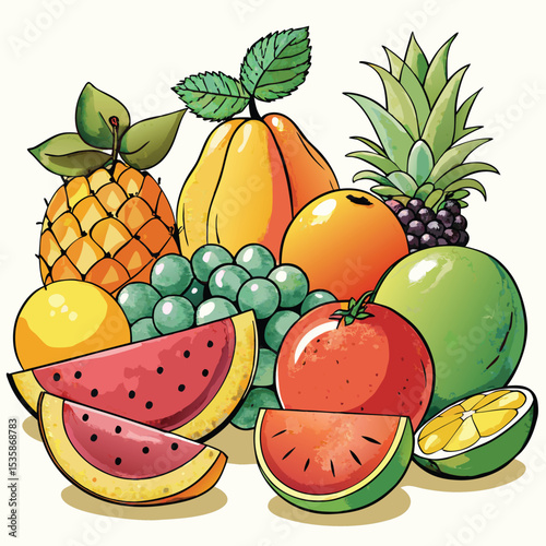 Vibrant Watercolor Style Still Life Featuring Watermelon Pineapple Orange Grape Tomato and More illustration
