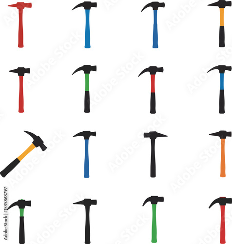 Vector illustration of colorful geological and bricklayer hammers, including a Leather Hammer, showcasing various designs ideal for construction, mining, and scientific research concepts.