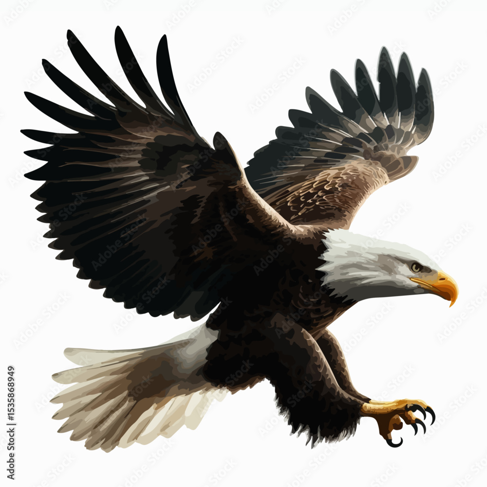 Obraz premium Bald Eagle Silhouette – Black Vector Bird in Flight with Spread Wings and Curved Beak on White Background