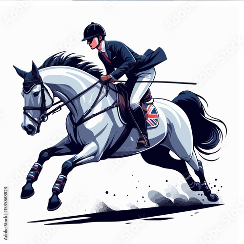 Galloping Horse Rider Silhouette – Black Vector Figure on Union Jack Saddle in Windy Motion Scene