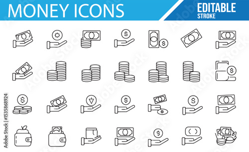 Set of Financial Icons with Dollar, Banknotes, Coins, and Transaction Symbols

