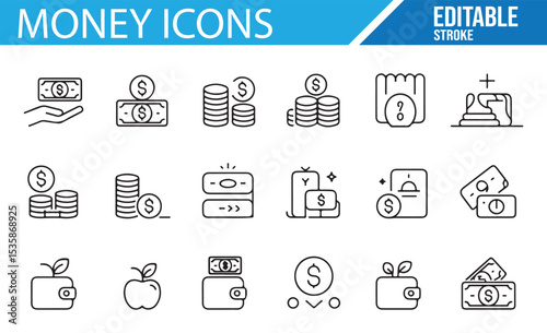 Money Icons Set for Business, Savings, and Payment Systems Design