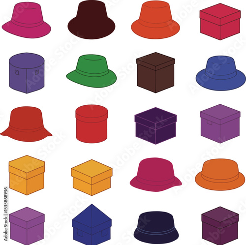 Vector illustration of colorful isometric gift boxes and various packaging designs, including a Leather Hat box, ideal for presents, storage, and commercial product presentations.