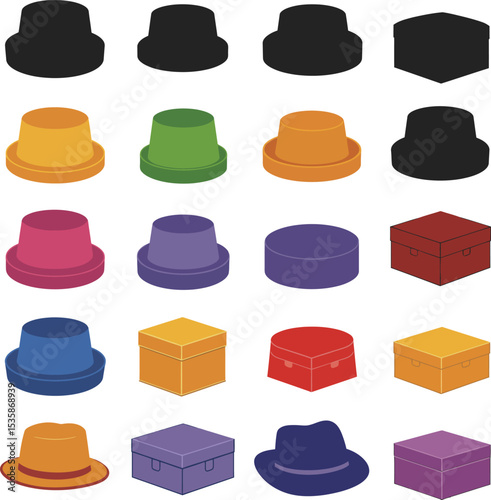 Vector illustration of colorful isometric gift boxes and various packaging designs, including a Leather Hat box, ideal for presents, storage, and commercial product presentations.