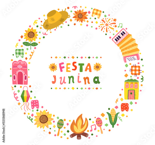 Festa Junina vector circle frame, border with accordion, sunflower, straw hat and festive Brazilian illustrations