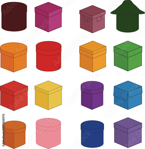 Vector illustration of colorful isometric gift boxes and various packaging designs, including a Leather Hat box, ideal for presents, storage, and commercial product presentations.