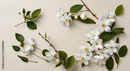 A simple flat lay of fragrant white jasmine flowers on neutral background
