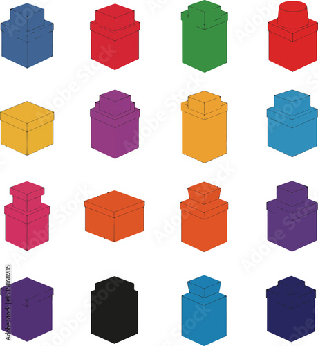 Vector illustration of colorful isometric gift boxes and various packaging designs, including a Leather Hat box, ideal for presents, storage, and commercial product presentations.