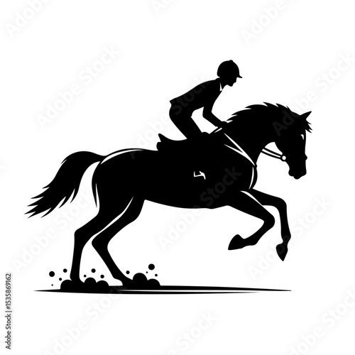 Show Jumping Silhouette Icon – Black Vector Horse and Rider Leaping Over Obstacle on White Background