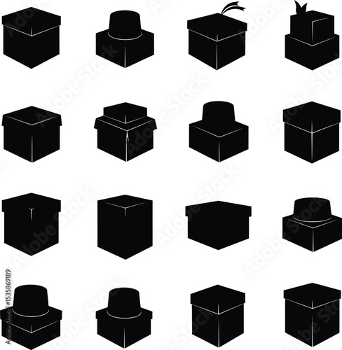 Vector illustration featuring a diverse collection of abstract box silhouettes, including elements reminiscent of a Leather Hat box, ideal for packaging, gift, and storage concepts.