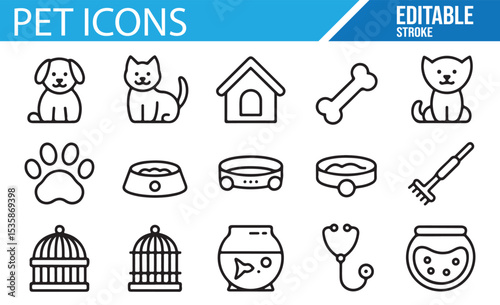 Editable Stroke Icons for Pet Accessories, Veterinary, and Animal Care