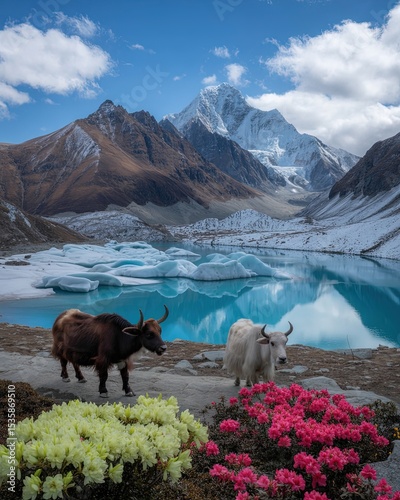 Majestic Himalayan Landscape with Yaks, Turquoise Glacial Lake, Blooming Flowers, and Snow-capped Peaks