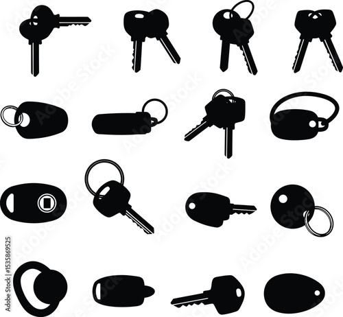 Vector illustration of diverse key fobs, keychains, and smart key accessories in various designs, ideal for automotive, security, and smart technology branding concepts.