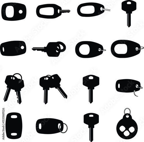 Vector illustration of diverse key fobs, keychains, and smart key accessories in various designs, ideal for automotive, security, and smart technology branding concepts.