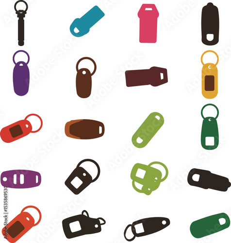 Vector illustration of diverse key fobs, keychains, and smart key accessories in various designs, ideal for automotive, security, and smart technology branding concepts.