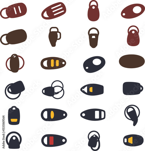 Vector illustration of diverse key fobs, keychains, and smart key accessories in various designs, ideal for automotive, security, and smart technology branding concepts.