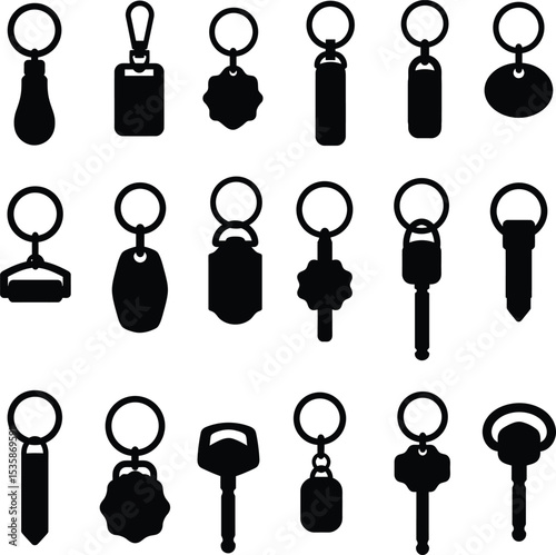 Vector illustration featuring a diverse collection of colorful keychains and keyrings in various shapes and designs, ideal for branding, accessories, and promotional concepts.