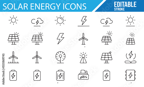 Set of Editable Solar Energy and Clean Technology Icons for Environmental Design

