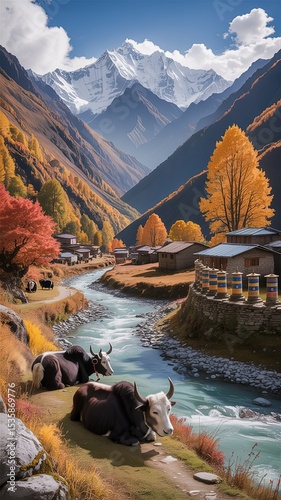 Majestic Himalayan Landscape with Yaks, Serene River, Rustic Village & Vibrant Autumn Colors