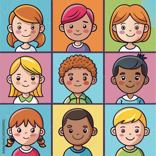 Eight Diverse Child Profile Icons Flat Design Style Various Hair Colors Smiling Faces Simple Cartoon
