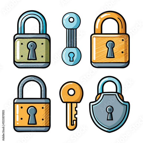 Cartoon Padlocks Keys Set Blue Gold Icons Security Illustration Graphic Design Elements vector