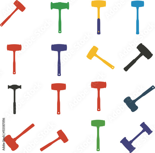 Vector illustration of colorful mallets and hammers in various angles and forms, ideal for representing carpentry, construction, legal, and auction concepts, isolated on white.