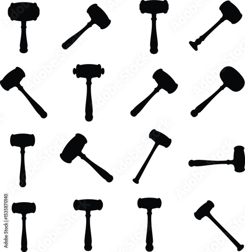 Vector illustration of colorful mallets and hammers in various angles and forms, ideal for representing carpentry, construction, legal, and auction concepts, isolated on white.