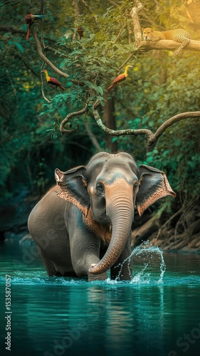Majestic Elephant Bathing in Tranquil Jungle River Surrounded by Lush Greenery and Exotic Birds