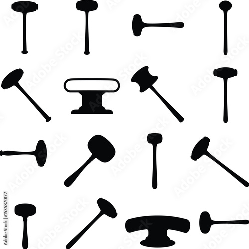 Vector illustration of colorful mallets and hammers in various angles and forms, ideal for representing carpentry, construction, legal, and auction concepts, isolated on white.
