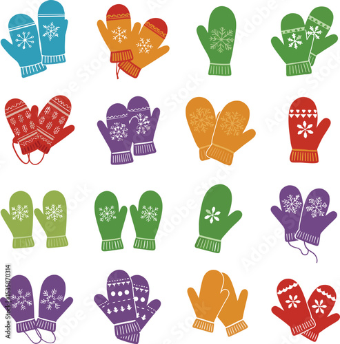 Vector illustration of colorful and diverse winter mittens, adorned with various festive patterns, ideal for seasonal apparel, holiday designs, and cozy cold weather fashion concepts.