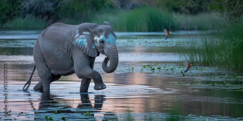 Majestic Asian Elephant Walking Through Serene Water Landscape in Tranquil Natural Habitat at Dusk