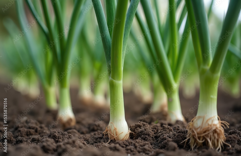 Fototapeta premium Fresh green onions grow in soil. Closeup macro shot shows detailed textures, vibrant green plants. Healthy organic agriculture, farming, harvest. Gardening, vitamins, healthy lifestyle eco food