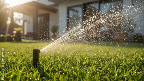  fresh lawn with active sprinkler and sunlit water mist