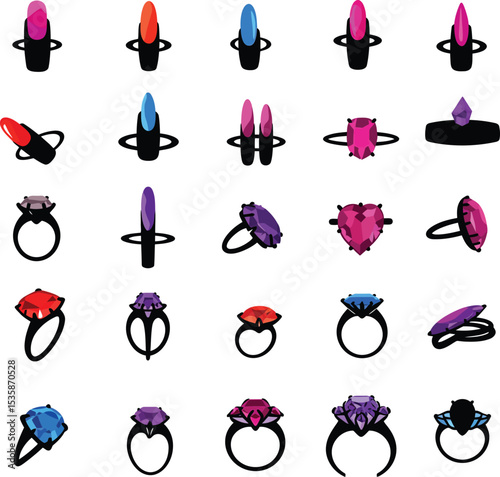 Vector illustration of exquisite diamond rings, gemstone jewelry, and trendy nail rings in various vibrant colors and designs, perfect for luxury, fashion, and accessory branding.
