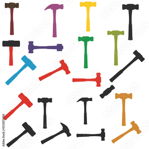 Vector illustration featuring a diverse collection of hammer and sledgehammer silhouettes, ideal for construction, carpentry, repair, and general toolkit designs, isolated on white.